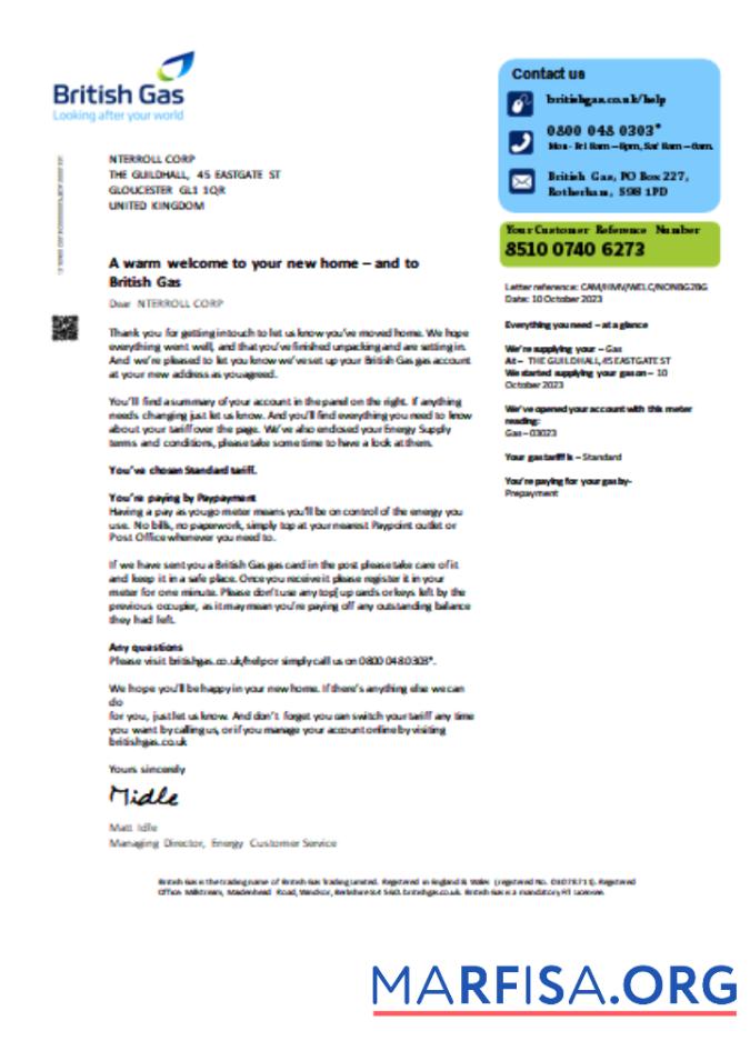 Downloadable British Gas utility business bill, SCR1 template